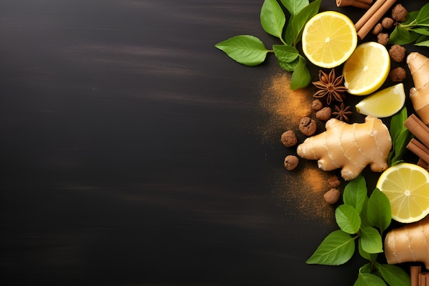 Immunity background with lemon ginger cinnamon anise and mint copy space Healthy products for Immunity boosting and cold remedies top view Immunity protection ingredients AI