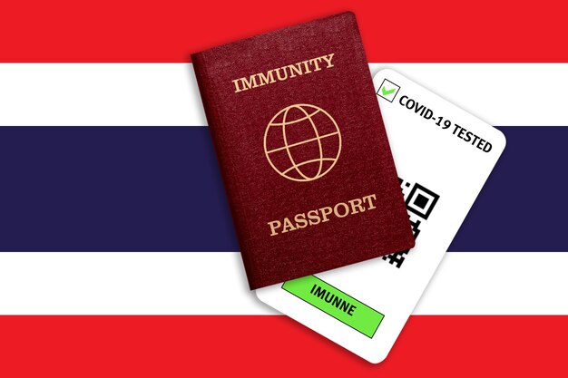 Immunity passportfor traveling after pandemicand test result for COVID on flag of Thailand