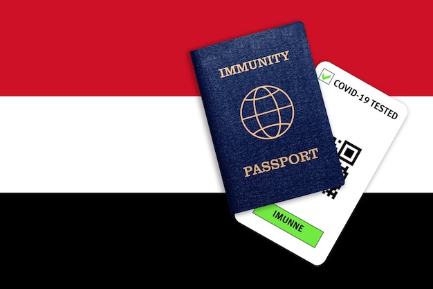 Immunity passportfor traveling after pandemicand test result for COVID on flag of Yemen