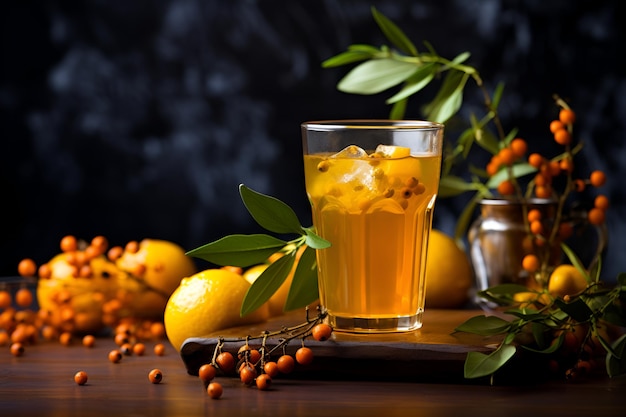 Immunity protection drink Immune boosting tea with lemon honey and sea buckthorn Drink for immunity on wooden table over natural background for virus season Hot citrus vitamin tea AI