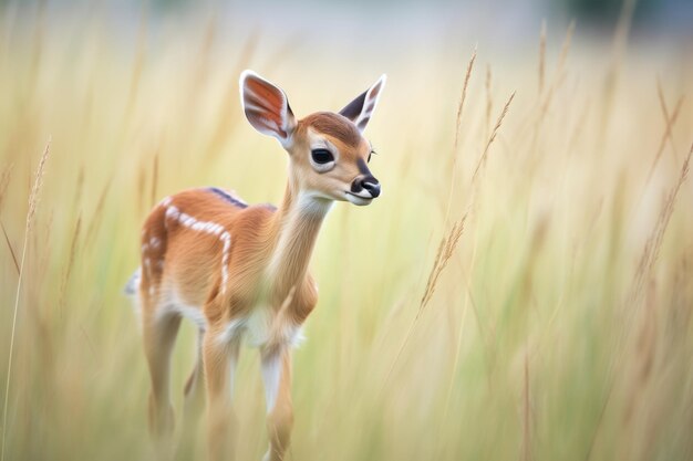 Impala calf taking its first steps amongst tall grass