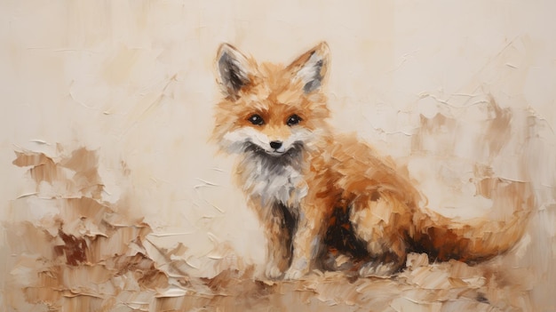 Impasto Minimalistic Zen Painting Of Fox On Soft Beige Background