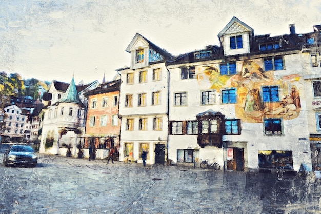 Photo impasto oil painting beautiful street view in st gallen unesco world heritage of this world famous landmark at switzerland