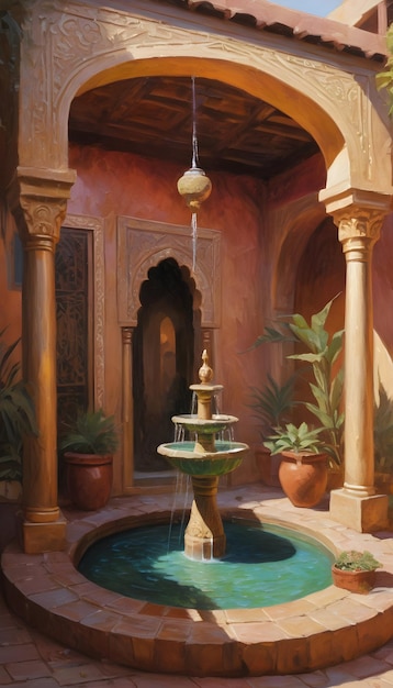 Impasto painting Courtyard Arab house with water fountain