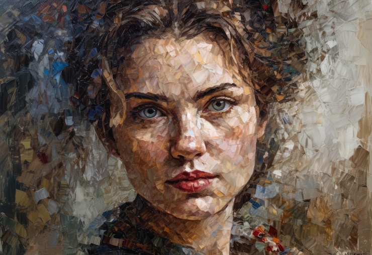 클로즈업에서 슬로베니아 여성의 임파스토 초상화 그림