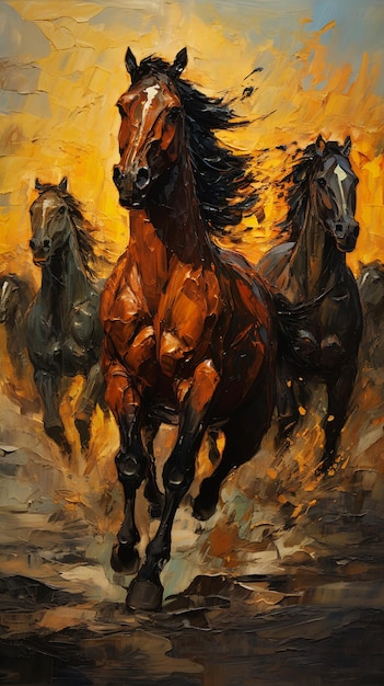 impasto three horses running desert sky background racers often described flame oil manner beasts