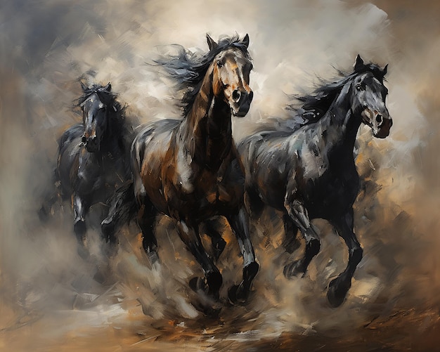 impasto three horses running field black paint flows down strong arabian features vast power