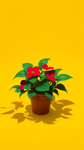 Impatiens plant with red flowers in a pot and yellow background