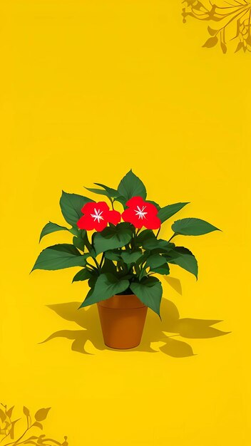 Impatiens plant with red flowers in a pot and yellow background