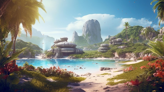 The imperial base Empire on a lush tropical planet with beaches and colorful surroundings served as inspiration for future home pictures GENERATE AI