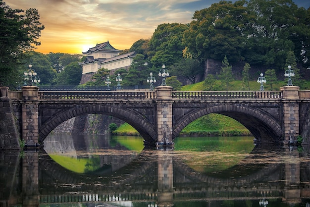 Imperial Palace and Nijubashi Bridge at sunset in Tokyo Japan