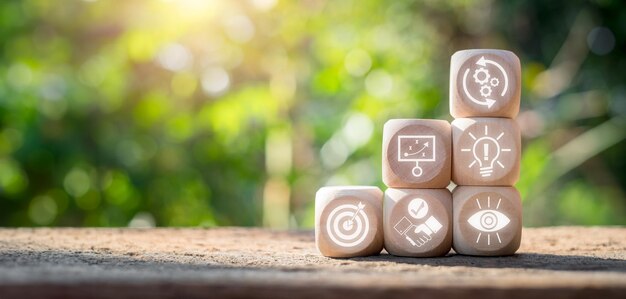 implementation concept wooden block on desk with implementation icon on virtual screen opportunity goal planning vision strategy process problem solving success