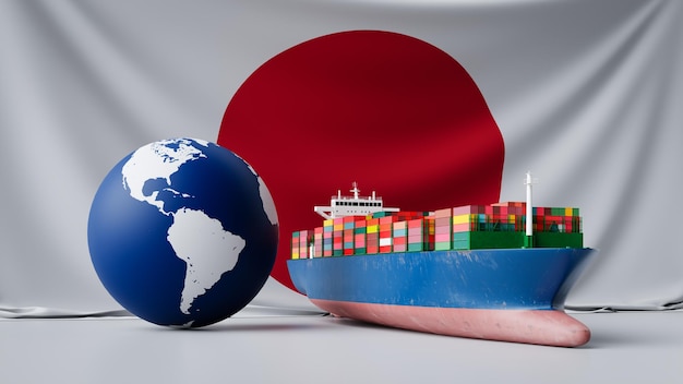 Photo import and export cargo ships and japans economic background 3d rendering