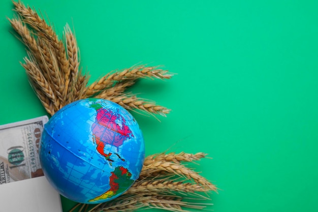 Import and export concept Globe ears of wheat and money on green background flat lay Space for text