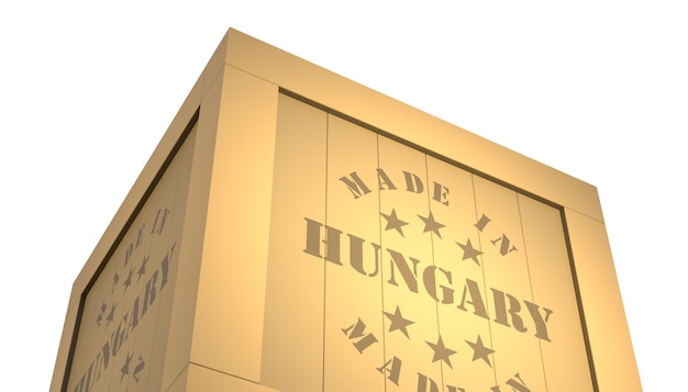 수입 - 수출 나무 상자. 헝가리에서 제작되었습니다. 3D 일러스트레이션