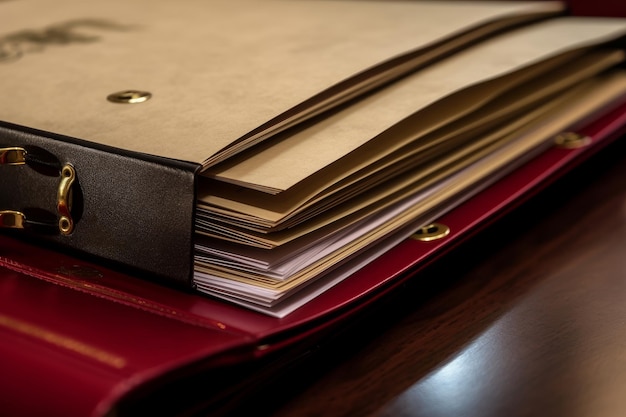 Important document in folder stacked on a wooden table Generative AI