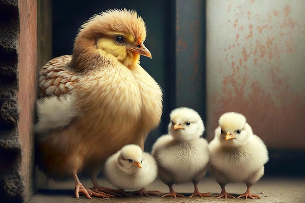 Important mom chicken stands and guards her cute chicks