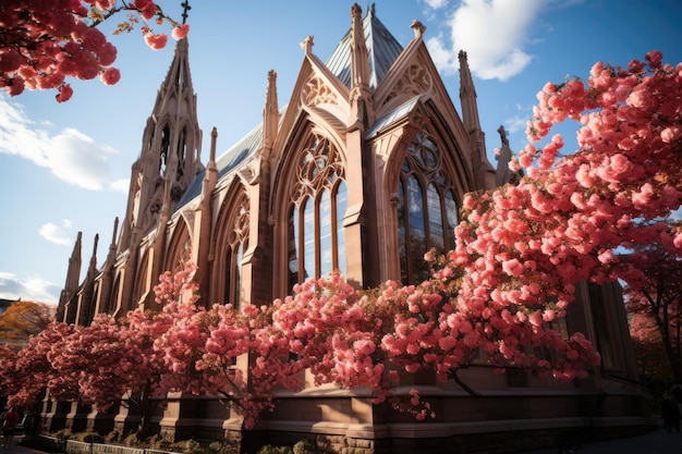 Imposante gotische kerk met glas in lood en serene tuin generatieve IA