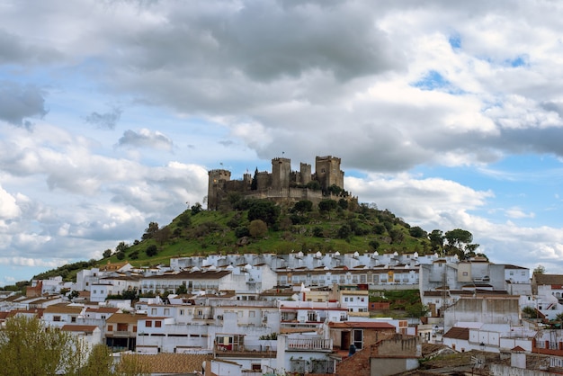 Imposing castle of Almodovar del Rio, at the top of the hill and at its feet housing constructions