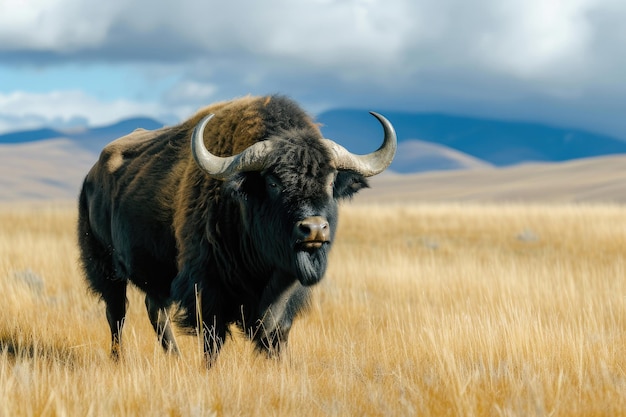 The imposing figure of a yak buffalo in its grassland realm