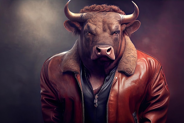 Photo an imposing and healthy bull sporting a leather jacket captures the essence of strength and virility