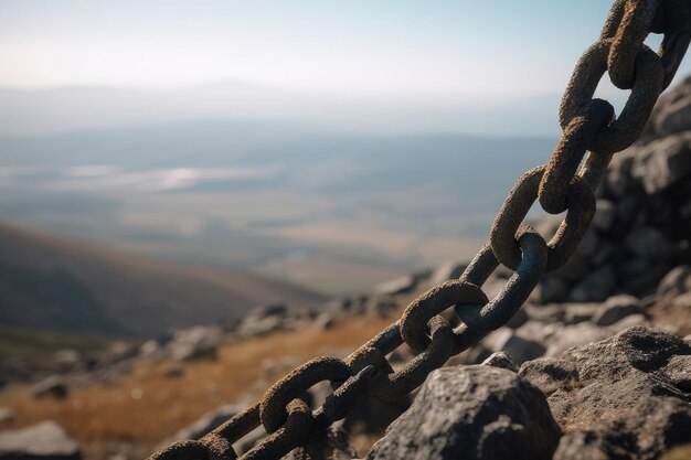 Imposing Macro Capture A Sturdy Chain Embracing a Massive Boulder atop Majestic Mountain Summit