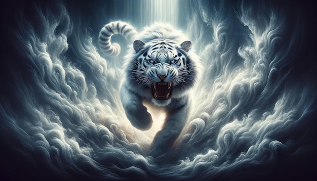 Imposing white tiger with piercing blue eyes bursts through swirling ethereal clouds exuding power and mystery