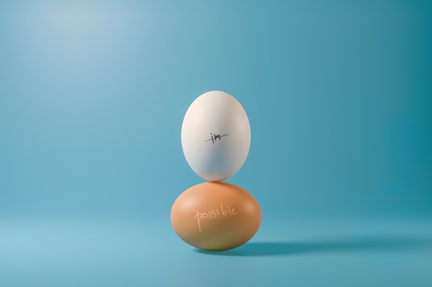 Impossible of two eggs stack on a light blue  with possible word. Minimal creative idea . Realistic 3D render.