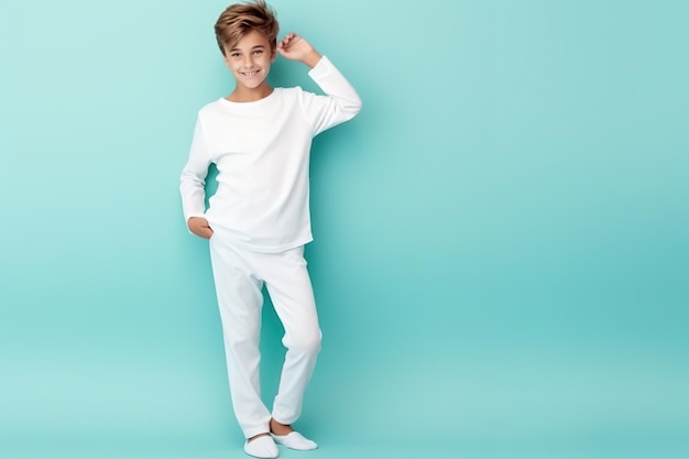 Impressed boy wear stylish white clothes isolated on cyan color background