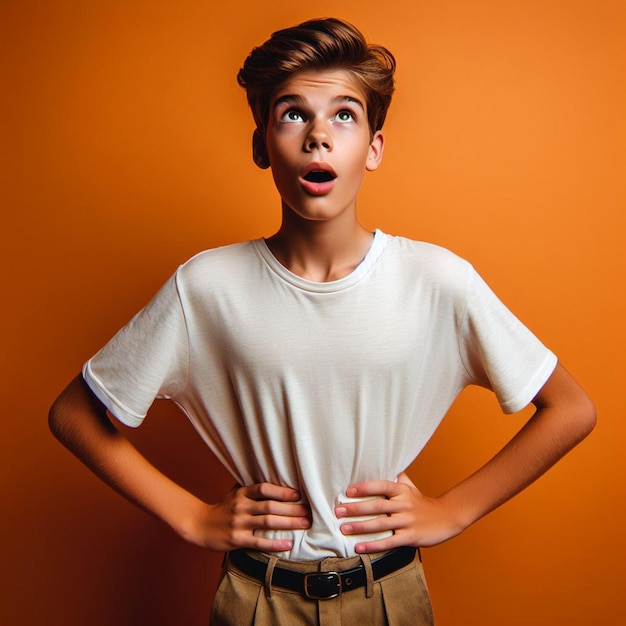 Photo impressed young boy keeping hands on waist looking up isolated on orange wall