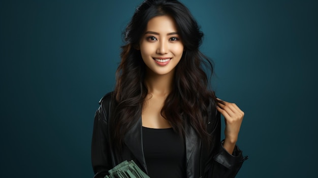 Впечатленная молодая красивая азиатка держит деньги и показывает на деньги пальцем, изолированным на синей стене