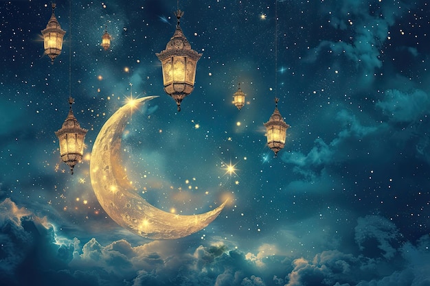 impression of an ornamental crescent moon and lanterns on a starry background