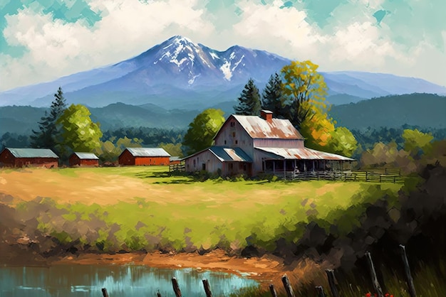 импрессионизм искусство картина маслом ферма с видом на горы