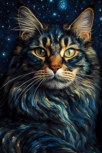 An impressionism painting of a maine coon cat in van gogh style