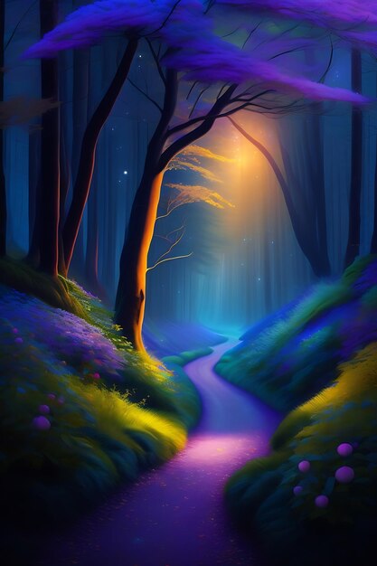 Impressionist fairy forest night time mystery and magic fairytale walk into the haunted woods