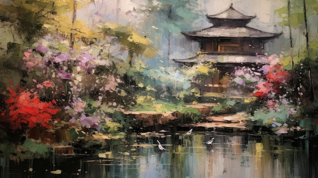 花のある緑豊かな庭園を描いた印象派の絵画 美しいイラスト画像 生成 AI