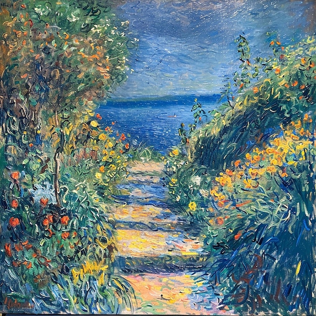 impressionist painting of monets garden centered diagonal composition plants in the foreground o
