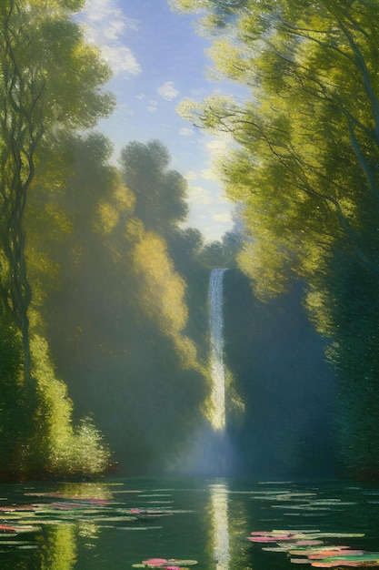 Impressionist painting of a waterfall falling in a lake with lily pads landscape