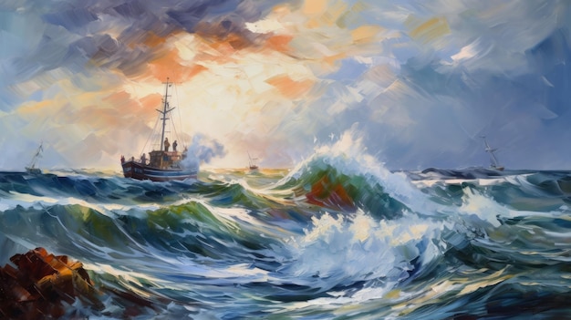 Impressionist paintingsea ship storm big wave Illustration AI GenerativexA