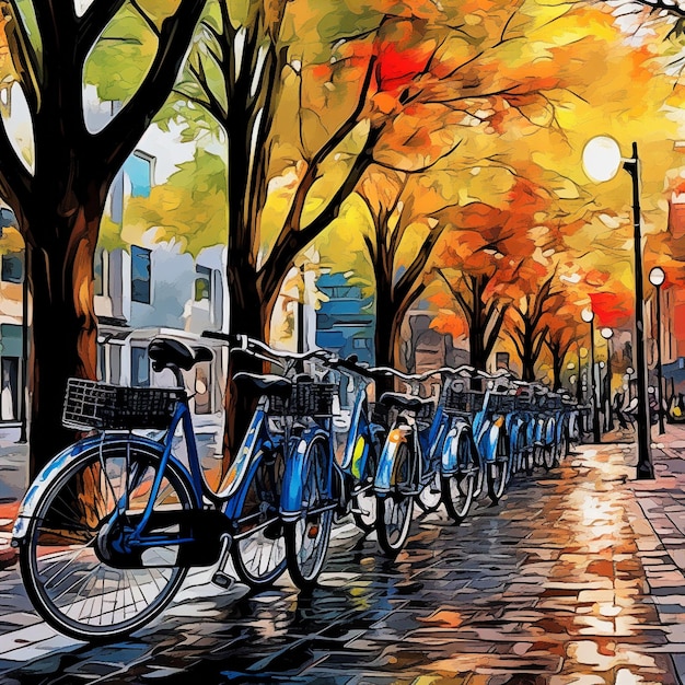 Impressionist urban landscape with artistic bike racks