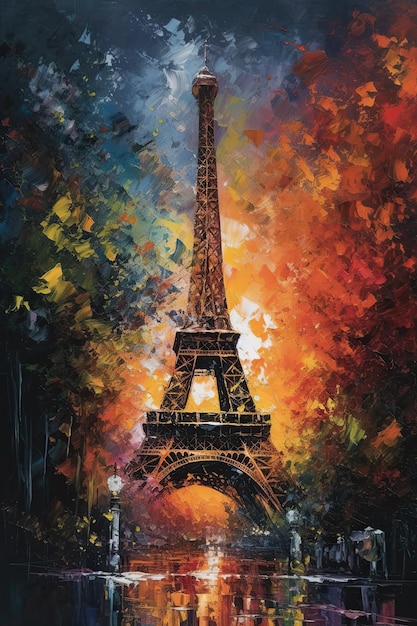 Impressionistic Eiffel Tower painted poster Bright colorful illustration