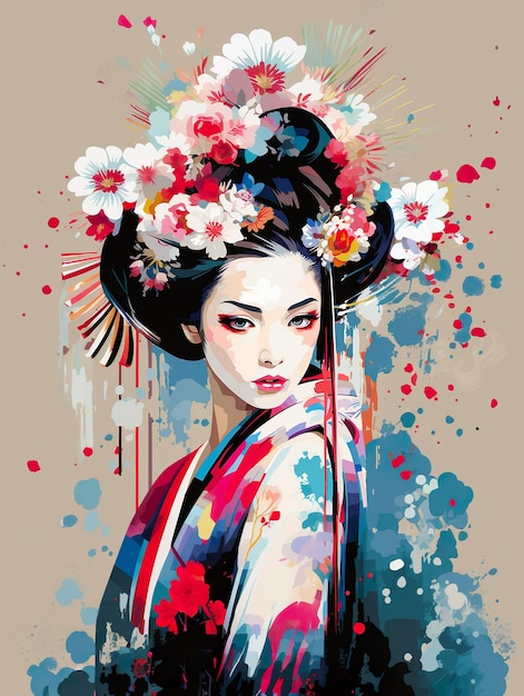 Foto geisha impressionista con gli occhi azzurri
