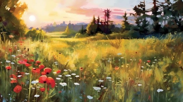 Photo impressionistic oil illustration of meadow at sunset