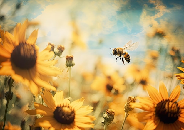 An impressionistic photograph of a bee hovering over a field of sunflowers captured using a slow