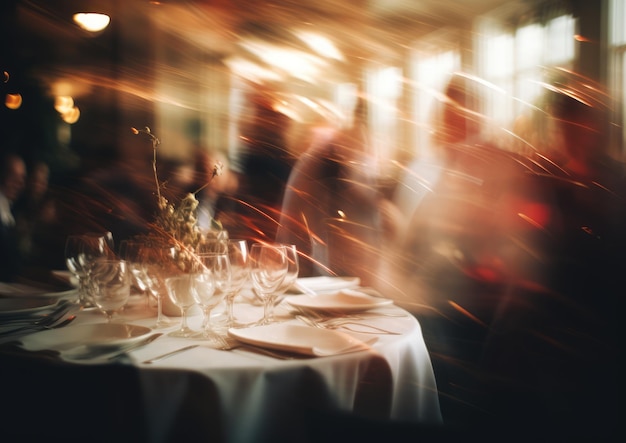 Photo an impressionistic shot of a christmas dinner table with the focus intentionally blurred to create