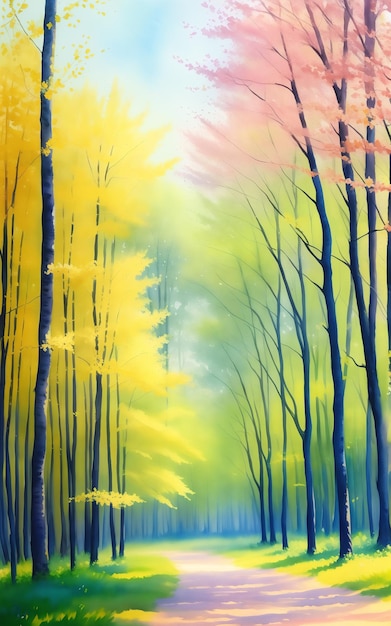An impressionistic watercolor painting depicting a Spring forest landscape
