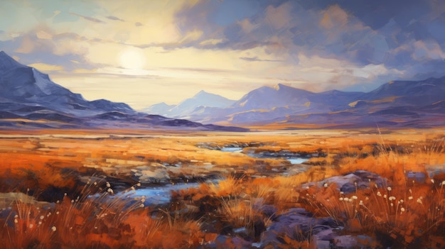 Impressionistisch olieverf schilderij van woestijnlandschap met bergen