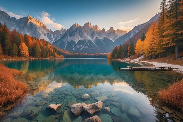 Impressive Autumn landscape during sunset The Fusine Lake in front of the Mongart under sunlight Amazing sunny day on the mountain lake concept of an ideal resting place Creative image