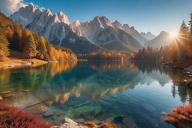 Impressive Autumn landscape during sunset The Fusine Lake in front of the Mongart under sunlight Amazing sunny day on the mountain lake concept of an ideal resting place Creative image