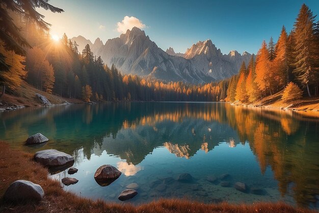 Impressive Autumn landscape during sunset The Fusine Lake in front of the Mongart under sunlight Amazing sunny day on the mountain lake concept of an ideal resting place Creative image